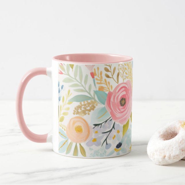 Taza Azul rosa pastel acuarela Floral Botánica (Con donut)