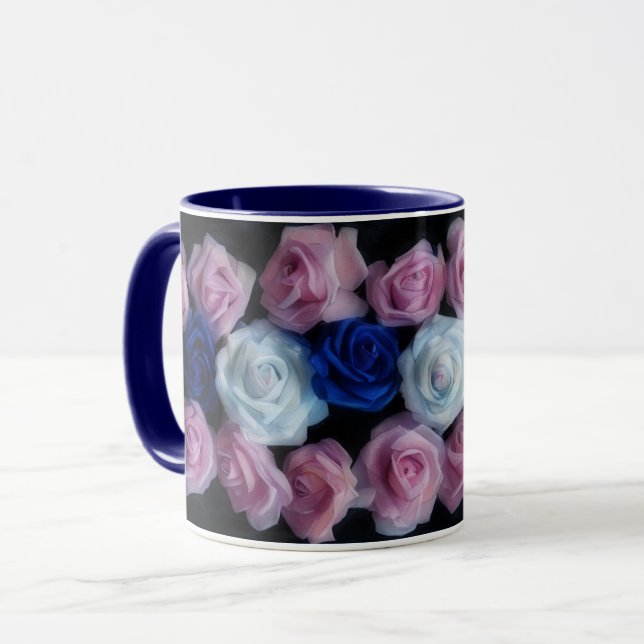 Taza Azul rosa y rosa blanco Flor Art Mug (Anverso izquierdo)