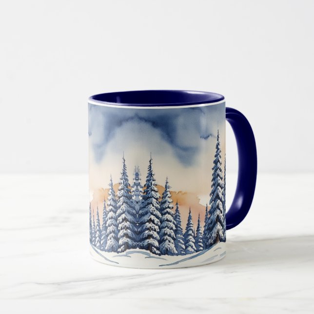 Taza Azul simple Navidad Moderna nieve pino Aurora (Anverso derecho)