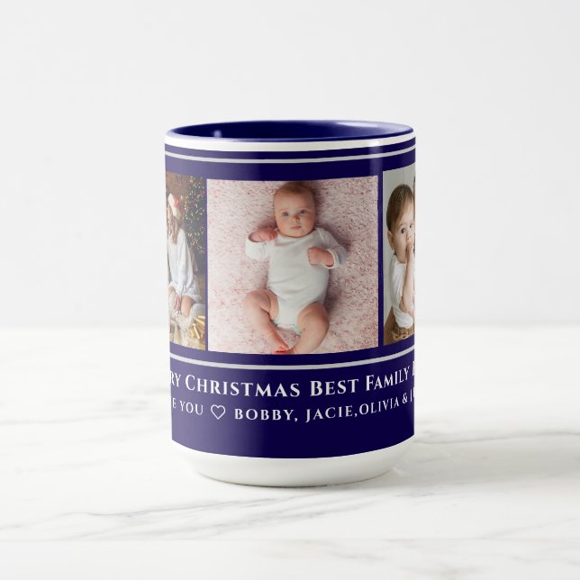 Taza Azul y gris 3 fotos familiares Feliz Navidad (Centro)