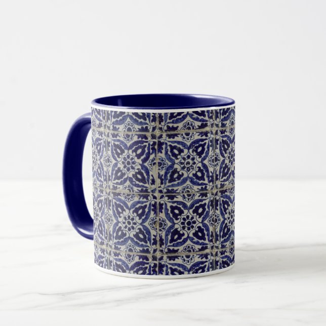 Taza Azulejo azul azul blanco geométrico ruso italiano (Anverso izquierdo)