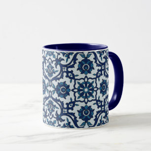 Taza Azulejos azules portugueses, patrón de mosaico fl