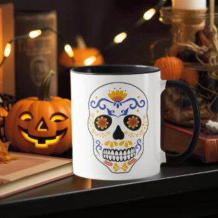 Taza Azulejos De Cráneo De Azúcar Y Naranja