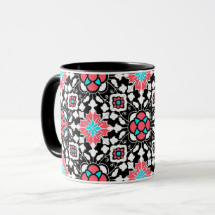 Taza Azulejos florales marroquíes, negros, blancos y r