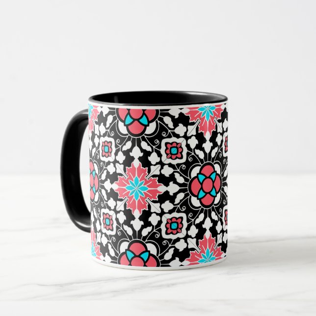 Taza Azulejos florales marroquíes, negros, blancos y ro (Anverso izquierdo)