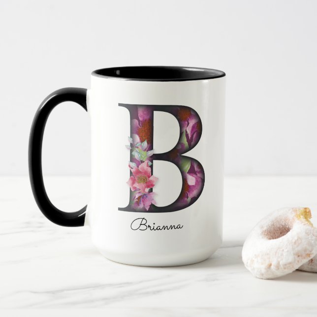 Taza B Monograma Morado Floral Nombre Personalizado Mug (Con donut)
