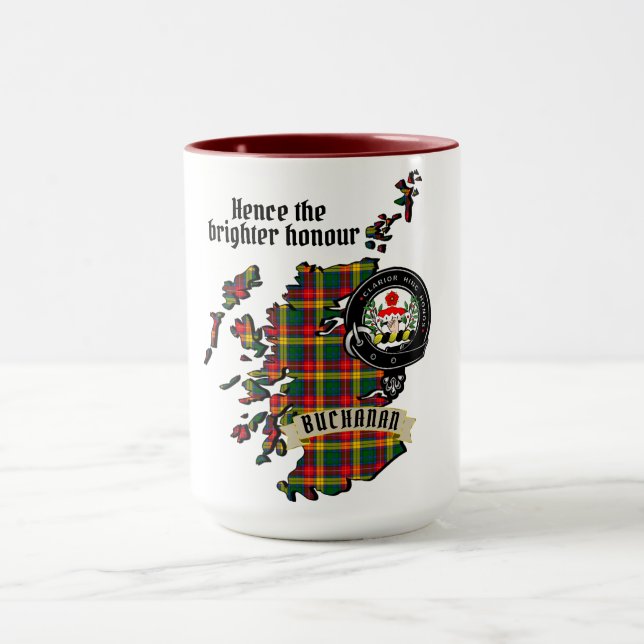 Taza Badge Buchanan Clan y Mapa de Tartán de Escocia (Centro)