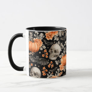 Taza Balas de cráneo de Halloween y flores negras