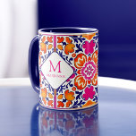 Taza Baldosas azul naranja rosa mexicano<br><div class="desc">Monograma naranja rosa azules azulejos mexicanos personalizados nombre mug. Los colores llamativos de los ojos para una ocasión especial pueden ser como regalo,  regalos de dama de honor,  favores de fiesta nupcial o cualquier regalo de ocasión</div>
