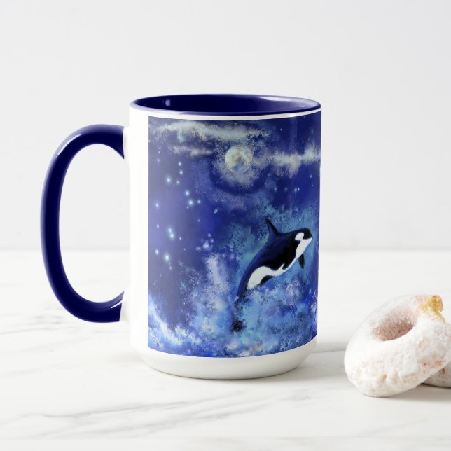 Taza Ballenas asesinas con café azul de luna llena (Con donut)