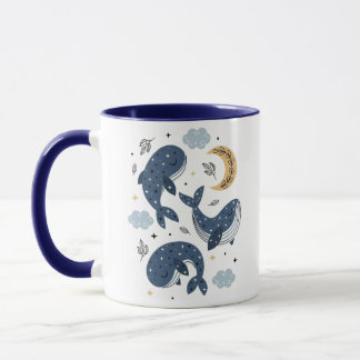 Taza Ballenas Mágicas Celestiales y Estrellas Azul Dos 