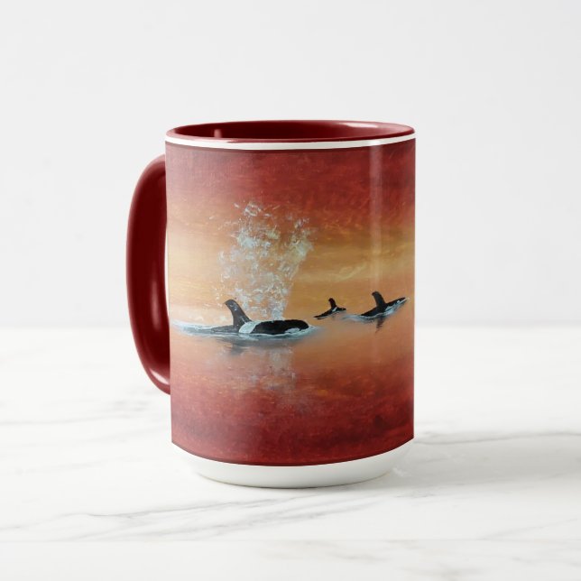 Taza ¡Ballenas Orcas! Ballenas asesinas al atardecer (Anverso izquierdo)