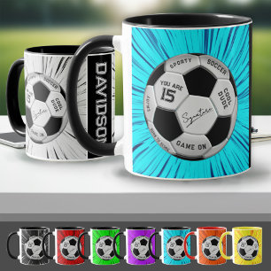 Taza Balón de Fútbol Azul Personalizado Edad Nombre Cum