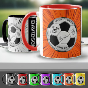 Taza Balón de fútbol naranja con texto personalizado Cu