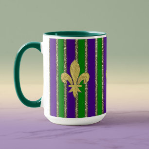 Taza Bandas verticales Mardi Gras y Flor de Lys