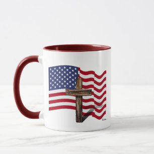 Taza Bandera Americana Ondeando y Cruz Áspera