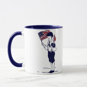 Taza Bandera estadounidense patriótica y niño de fuegos