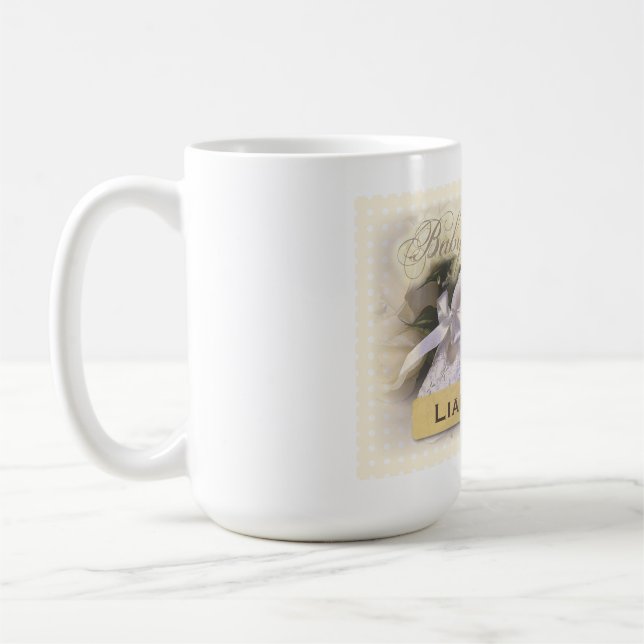 Taza Baptismo del bebé neutral, nombre de Personalizabl (Izquierda)