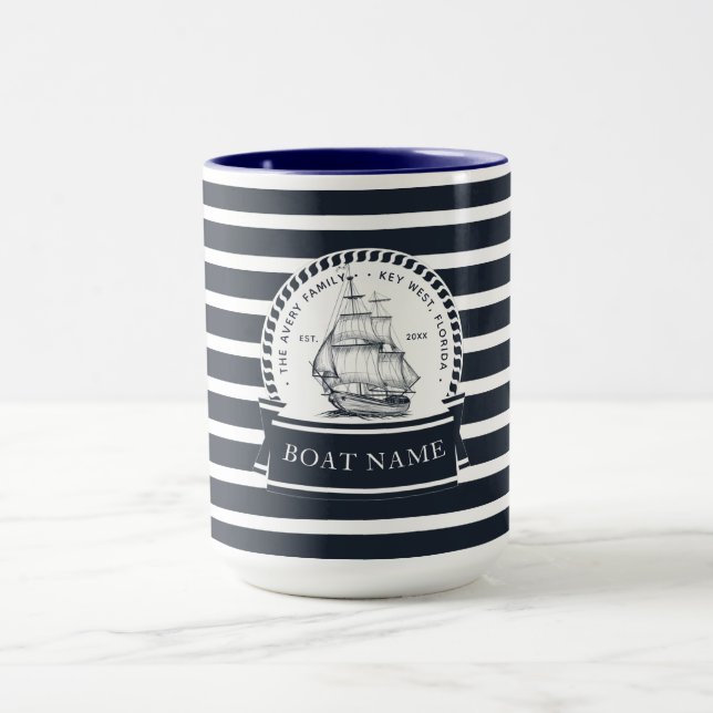 Taza Barco azul personalizado náutico moderno (Centro)