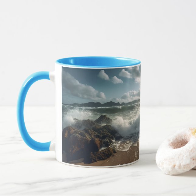 Taza Barco de olas y mar de olas de playa (Con donut)