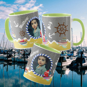 Taza Barcos Divertidos Foto Gris Amarillo