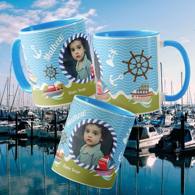 Taza Barcos Divertidos Foto Verde Azul (Boys Birthday Mug
Fun Boats Photo Green Blue Mug)