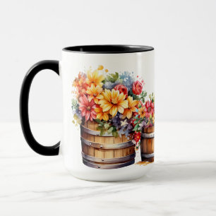 TAZA BARRILES DE AGUA AL ACUARELA FLORES NARANJAS AMARI