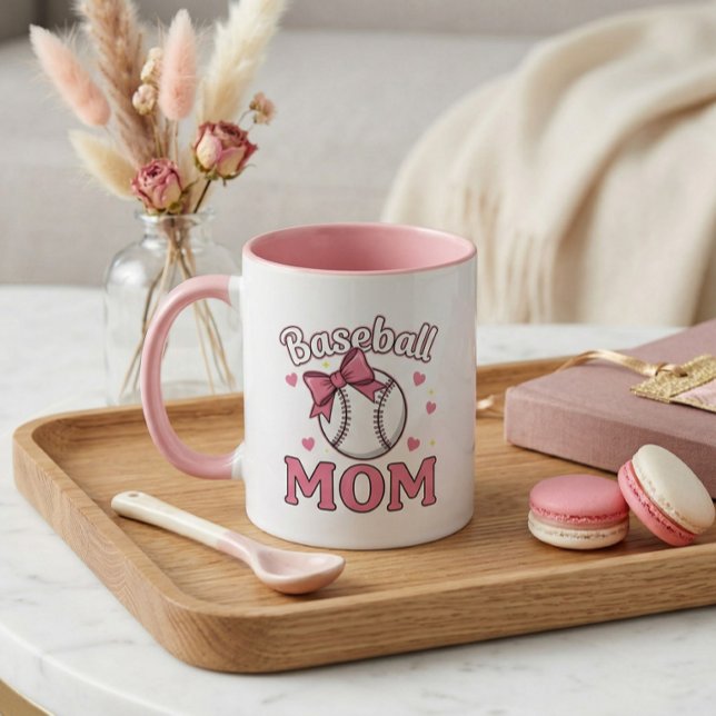 Taza Baseball Mom Cute Pink Bow Design (Baseball Mom Cute Mug)