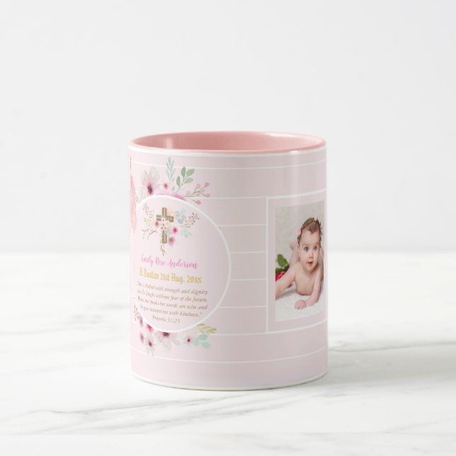 Taza BAUTIZO Floral Rosa Baptism Biblia Verse Chica (Centro)