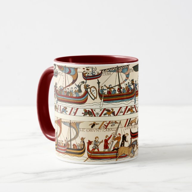TAZA BAYEUX TAPESTRY 1066,COCHES NORMANOS ,VIKING BARCO (Anverso izquierdo)