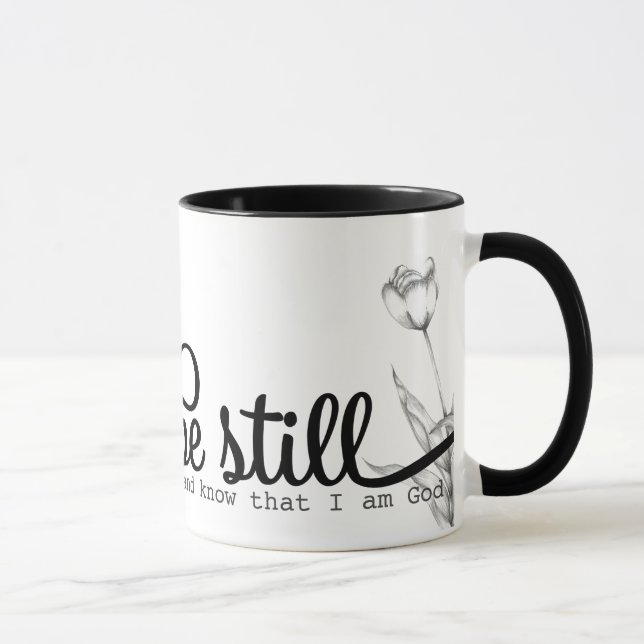 Taza Be Still Bible Cita en blanco y negro (Derecha)
