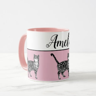 Taza Bebé Pink White Tabby gato Gatos Whimsical Art Mug