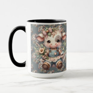 Taza Becerro Kawaii Farmcore con vestido floral vintage