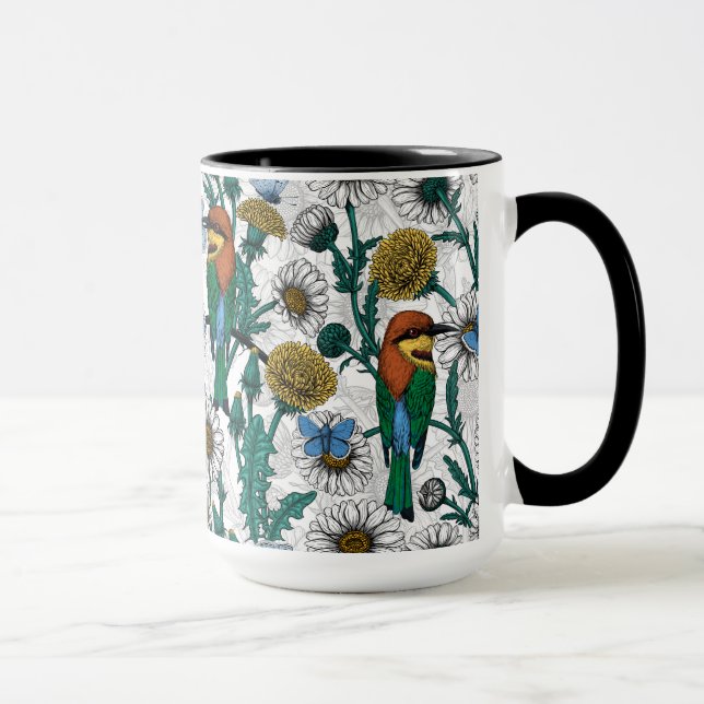 Taza Bee-eaters, blue butterflies and daisies on white (Derecha)
