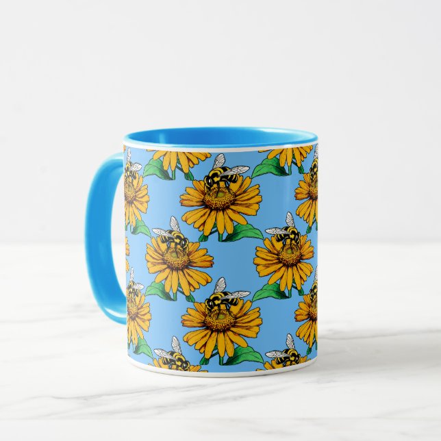 Taza Bee on Sunflower Flower Pattern Design Blue  (Anverso izquierdo)