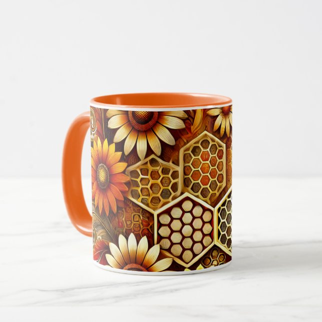 Taza Beekeeper Mug | Diseño de honeycomb y girasol (Anverso izquierdo)