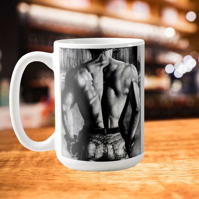 Taza Bella Artes de Guay, boceto de carbón de vaquero a (Strong, working western cowboy coffee mug. Charcoal drawing on various styles of coffee/travel mugs.)