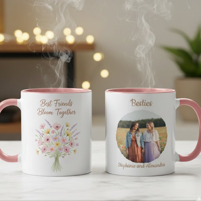 Taza Best Friends Bloom Together Floral Birthday Gift (Best friend floral photo coffee mug)
