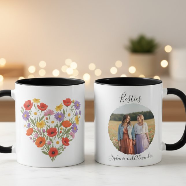 Taza Best Friends Mug - Wildflower Photo Gift (Floral heart best friend photo coffee mug)
