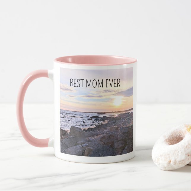 Taza Best Mom Ever Sunset Photo Love You Heart Pink (Con donut)