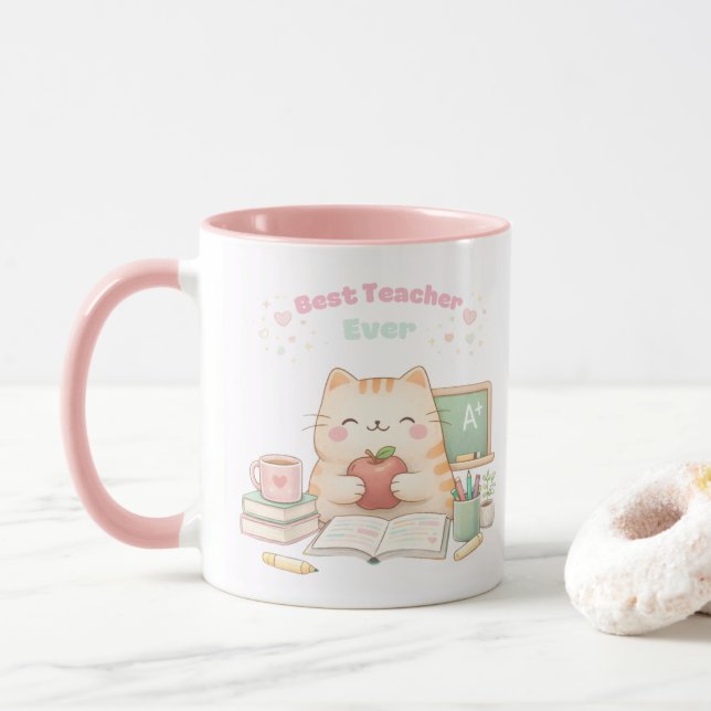 Taza Best Teacher Ever Cute Kawaii Kitty Cat Sweet Pink (Con donut)