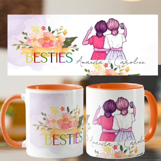 Taza Besties BFF Ilustracion Cute Floral Mejores Amigos (Besties BFF Cute Illustration Floral Best Friends Mug)