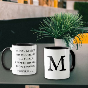 Taza Biblia Verse Proverbs 21:23 KJV Wisdom Monograma