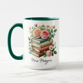 Taza Bibliotecario personalizado de libros florales de 