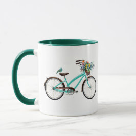Taza Bicicleta con canasta de pájaro y flores azul turq