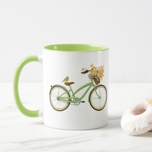Taza Bicicleta con cesta de flores y pájaro verde amari (Con donut)