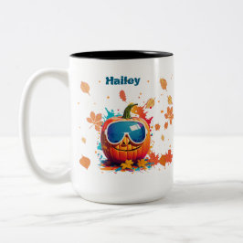 Taza Bicolor 15 oz Fall Coffee Mug, Cool pumpkin with goggles