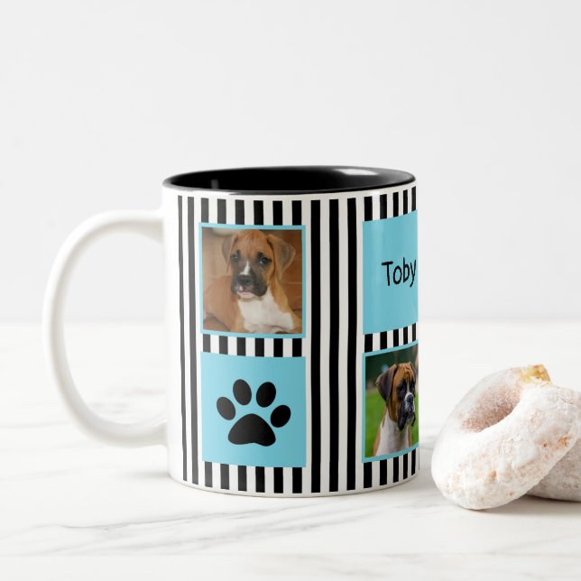 Taza Bicolor #1 Perro Collage de fotos negro y franja blanca (Con donut)