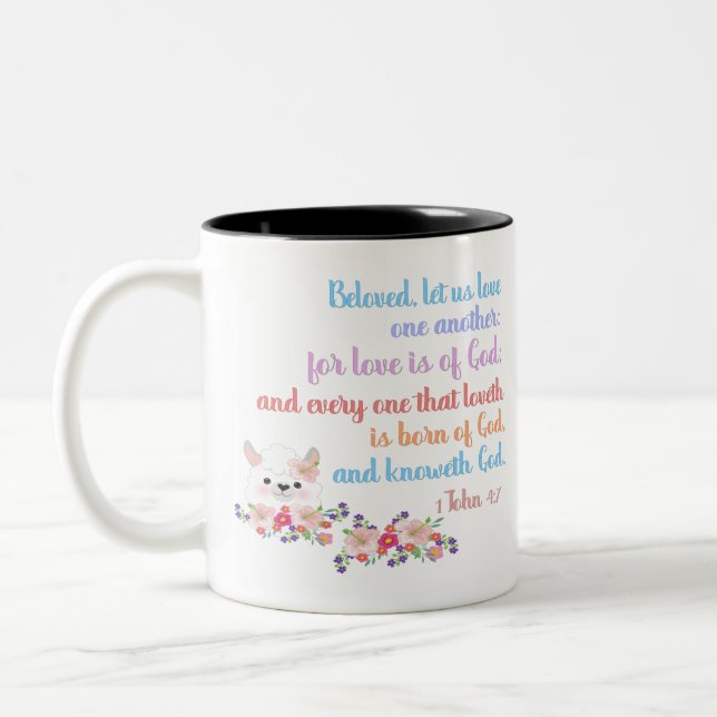 Taza Bicolor 1John4:7 Verso de la Biblia (Izquierda)
