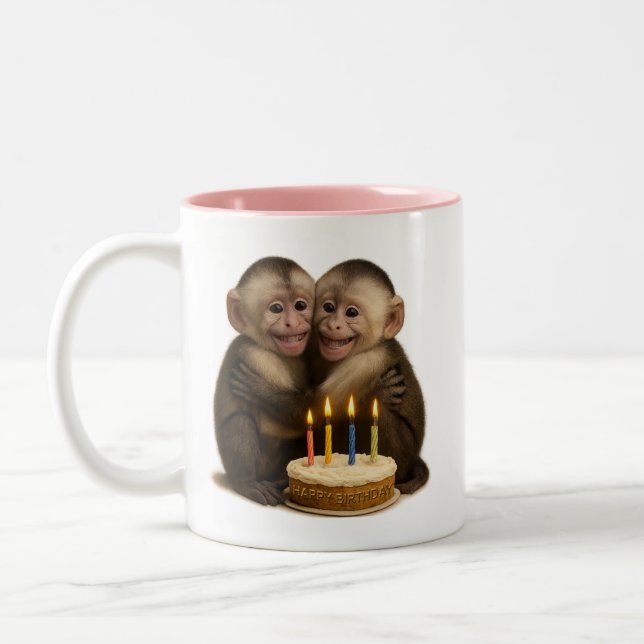 Taza Bicolor 2 sweet Capuchin monkeys lovingly embrace + cake (Izquierda)